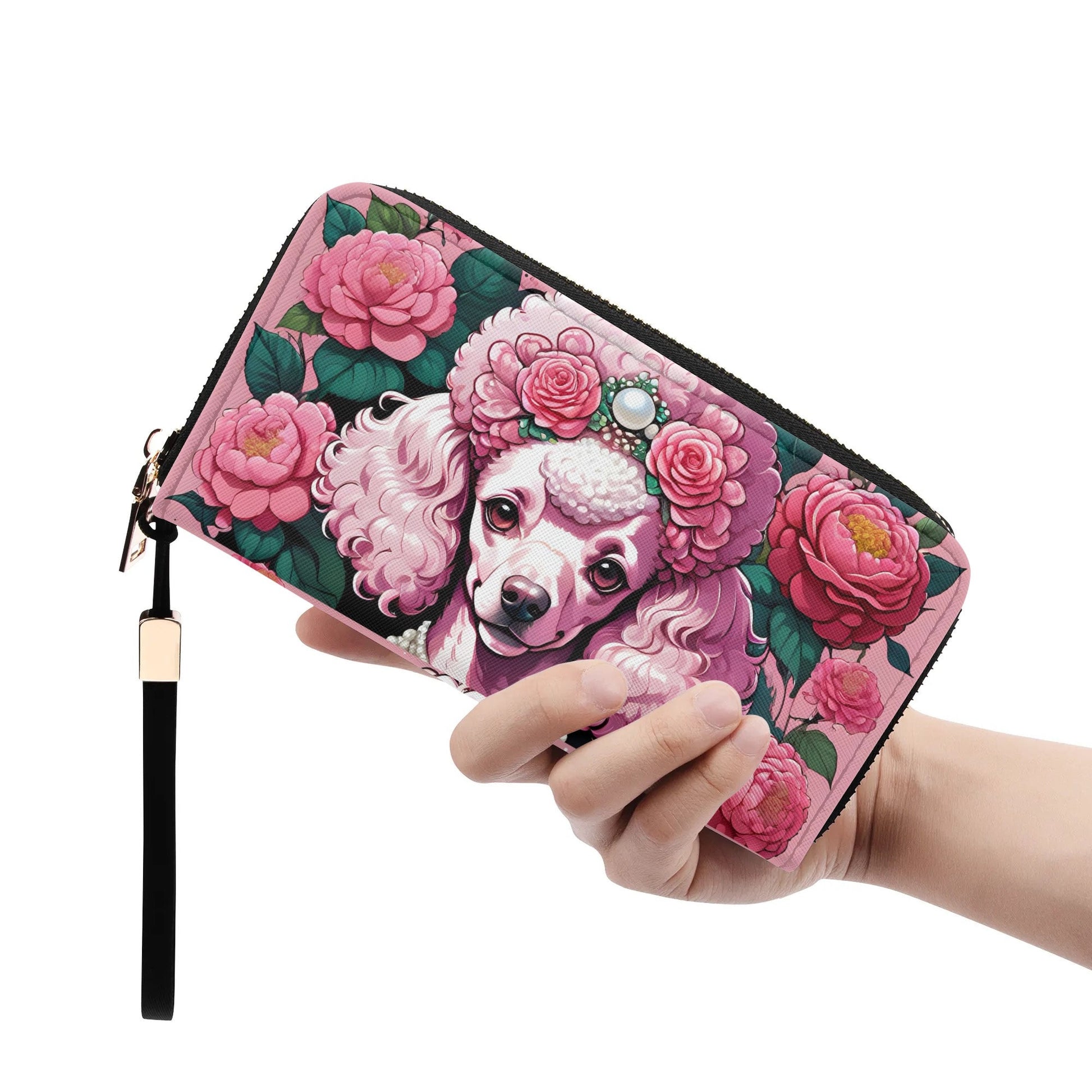 Pink Poodle Leather Zipper Wristlet Wallet, poodle lover gift