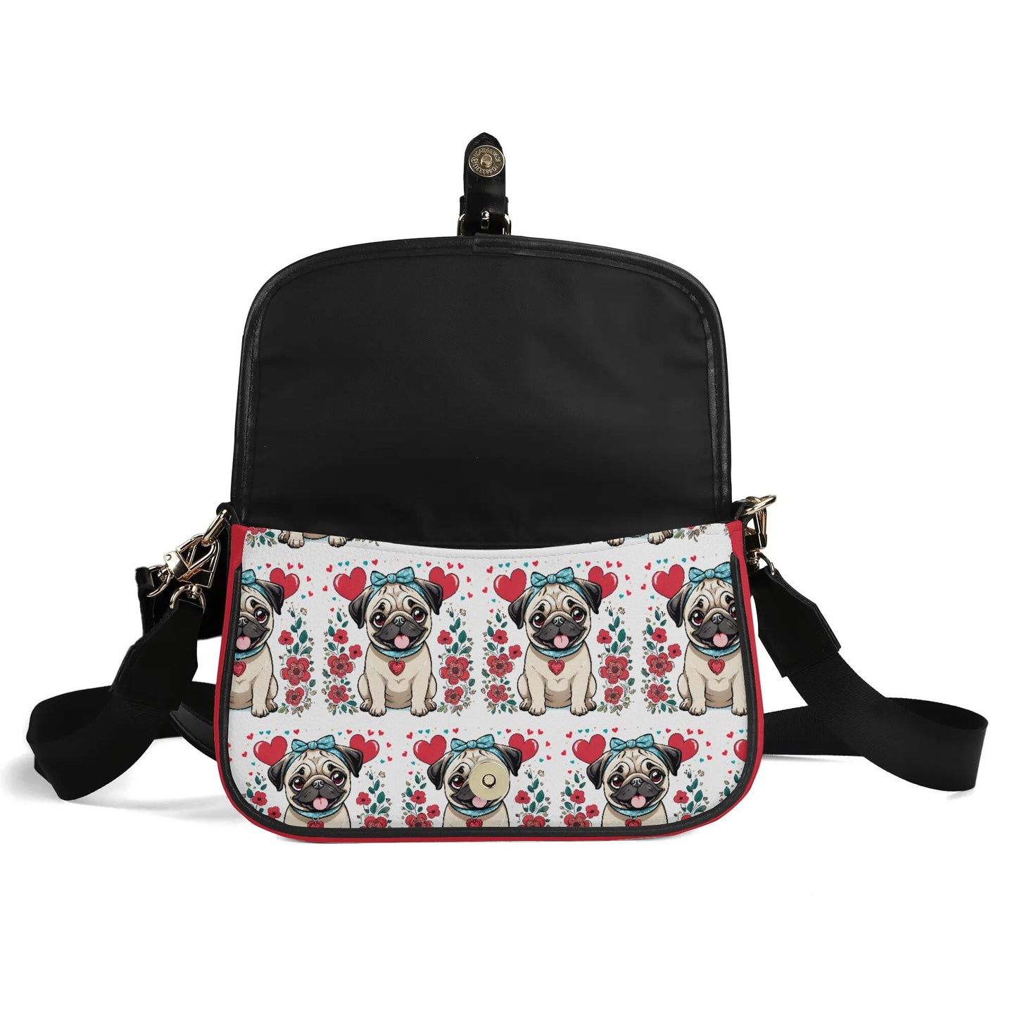 Pug and Hearts Red and White Women's PU Chain Shoulder bags