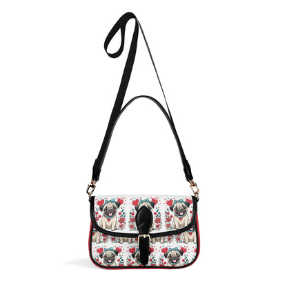 Pug and Hearts Red and White Women's PU Chain Shoulder bags