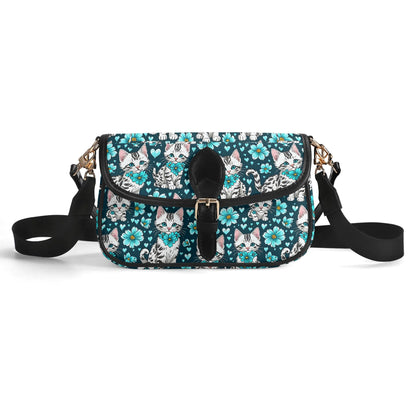 Kittens blue flowers Women's PU Chain Shoulder bags