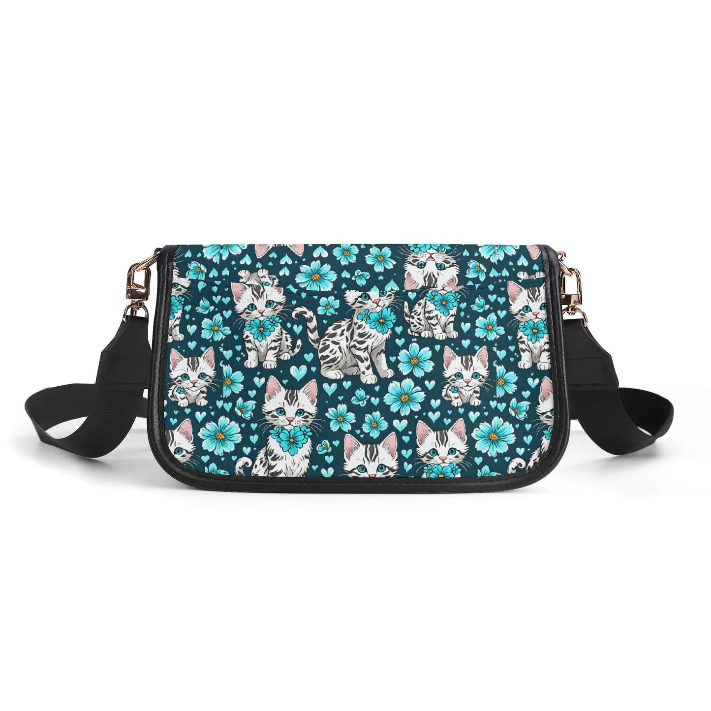 Kittens blue flowers Women's PU Chain Shoulder bags