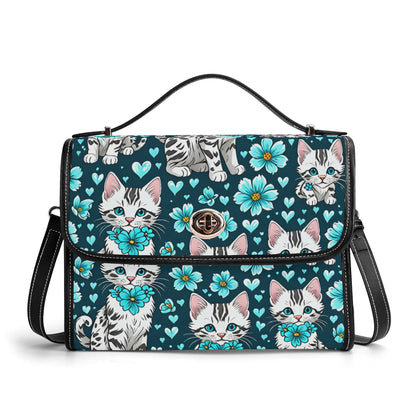 Kitten and Blue Flowers Leather Satchel Bag