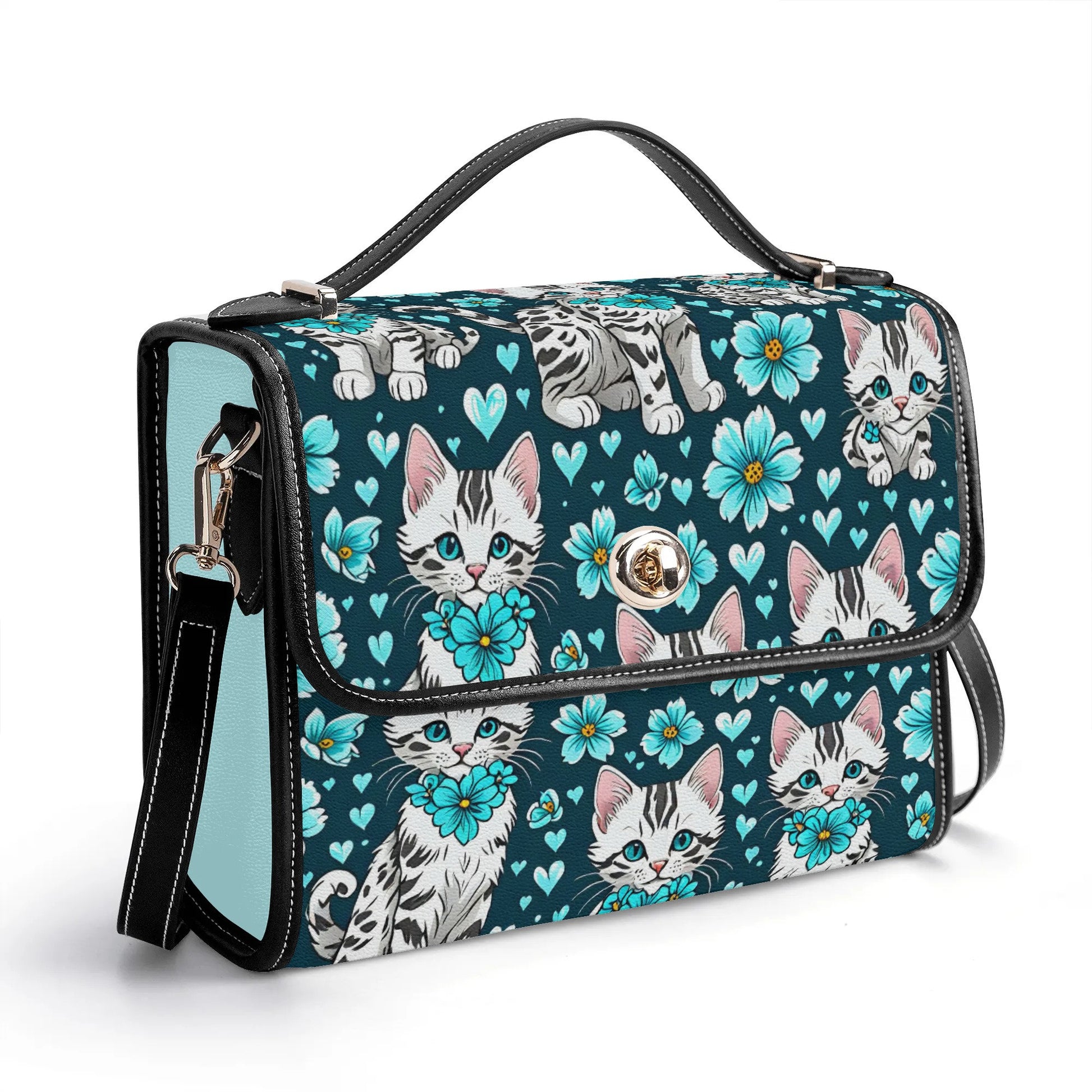 Kitten and Blue Flowers Leather Satchel Bag