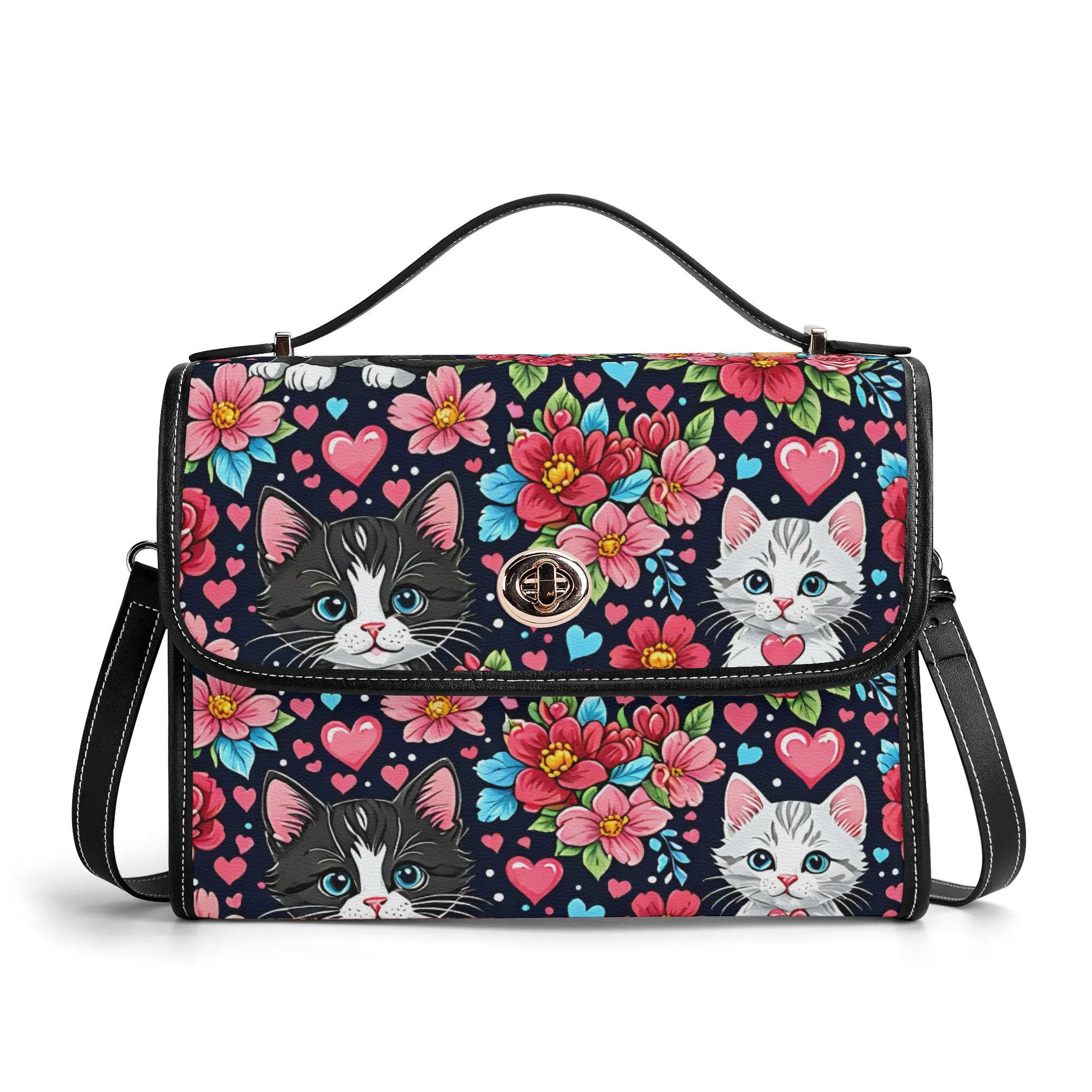 Floral Cat Kitten Leather Satchel Bag