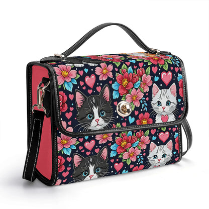 Floral Cat Kitten Leather Satchel Bag