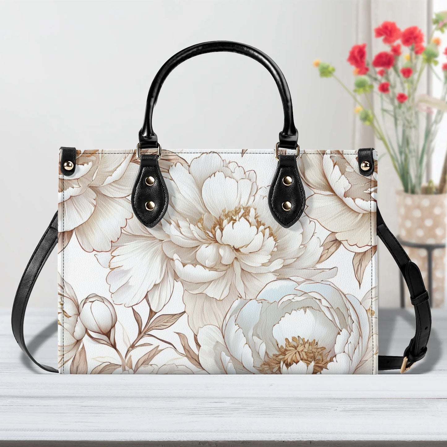 White and gold floral Women PU Leather Handbag, flower purse