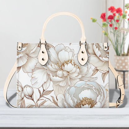 White and gold floral Women PU Leather Handbag, flower purse