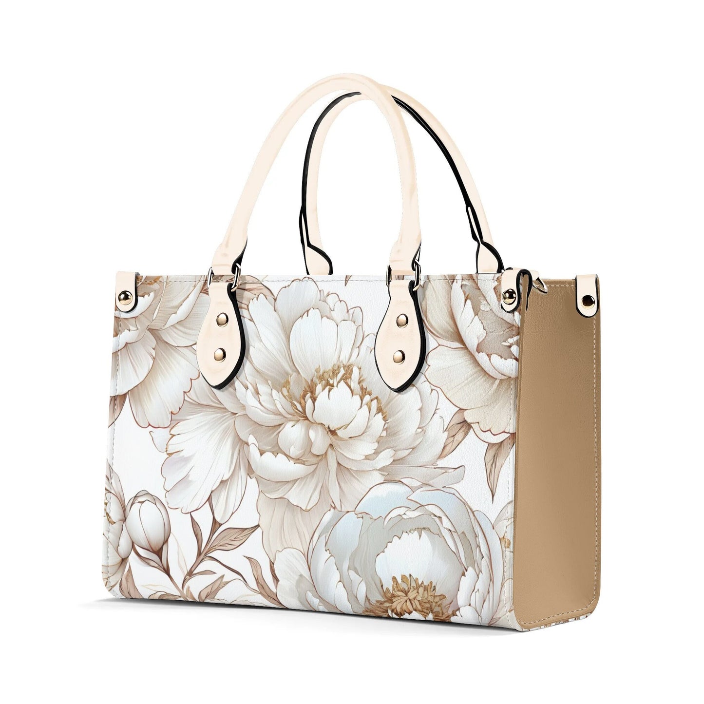 White and gold floral Women PU Leather Handbag, flower purse