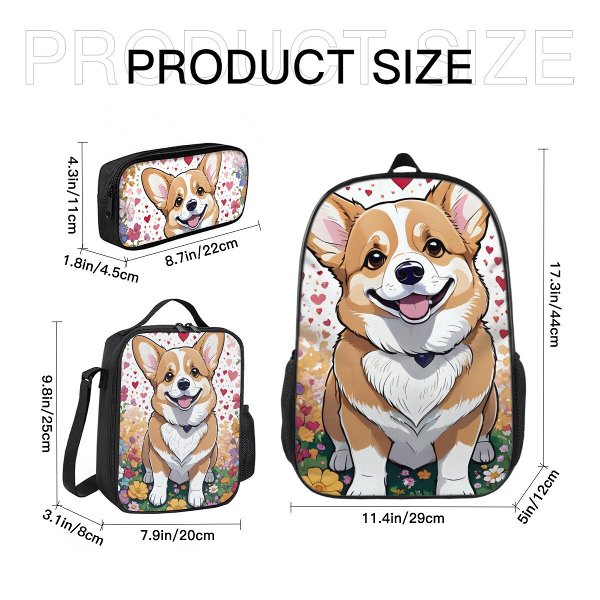 Corgi backpack, corgi lunch bag, corgi pencil case, corgi school supplies