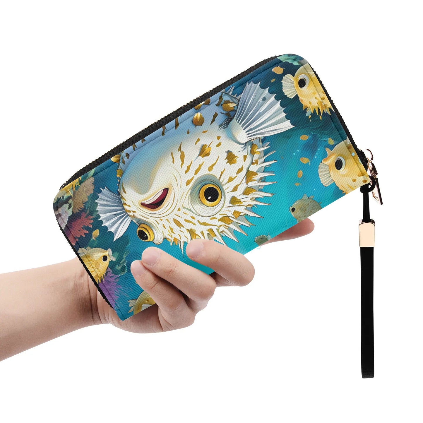 puffer fish Leather Zipper Wristlet Wallet