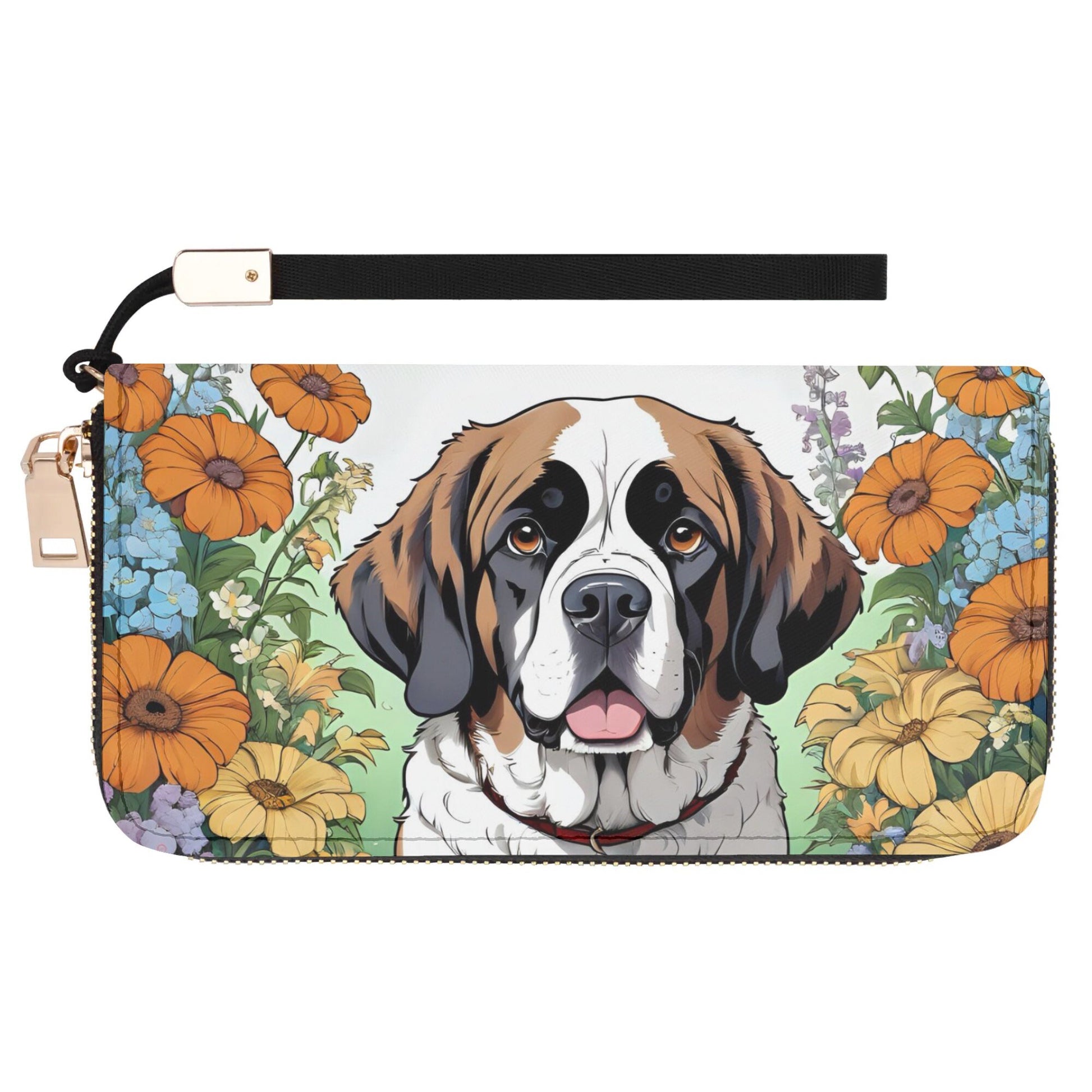 Saint Bernard Dog Leather Zipper Wristlet Wallet