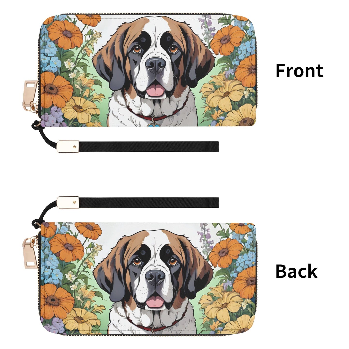 Saint Bernard Dog Leather Zipper Wristlet Wallet