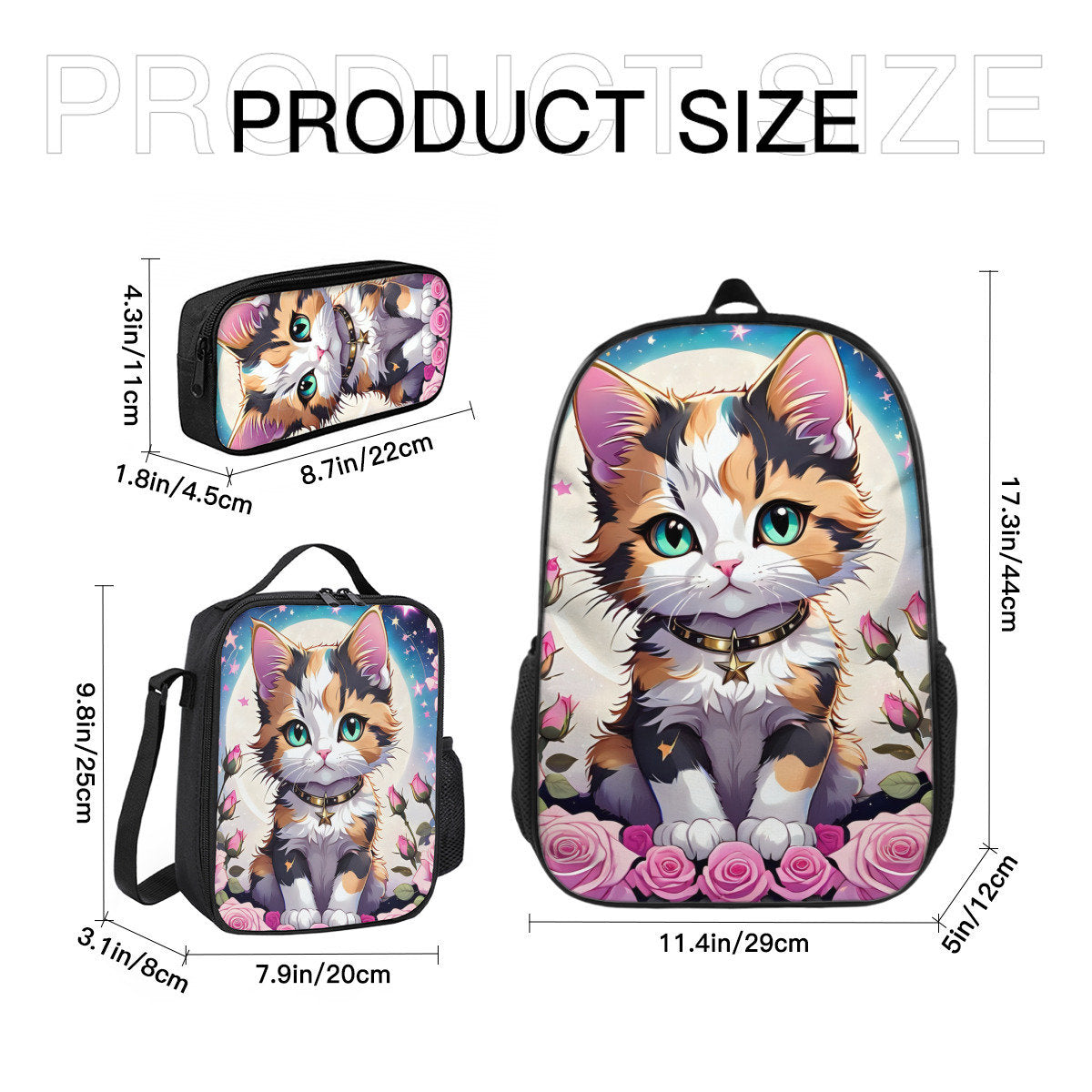 kitten calico Backpack, Lunch Bag and Pencil Case