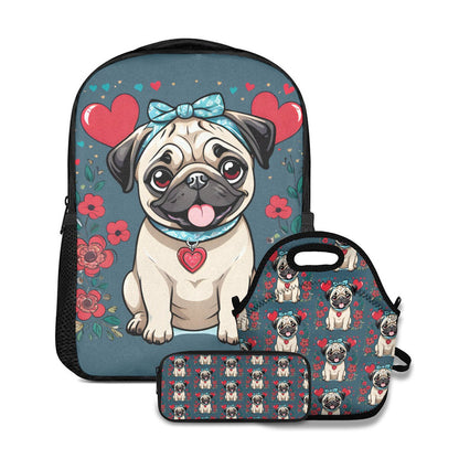 pug Backpack, Pug lunch bag, Pug pencil case for back to school