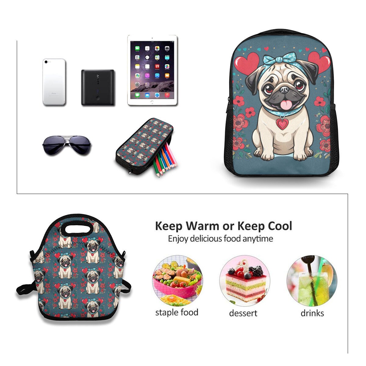 pug Backpack, Pug lunch bag, Pug pencil case for back to school