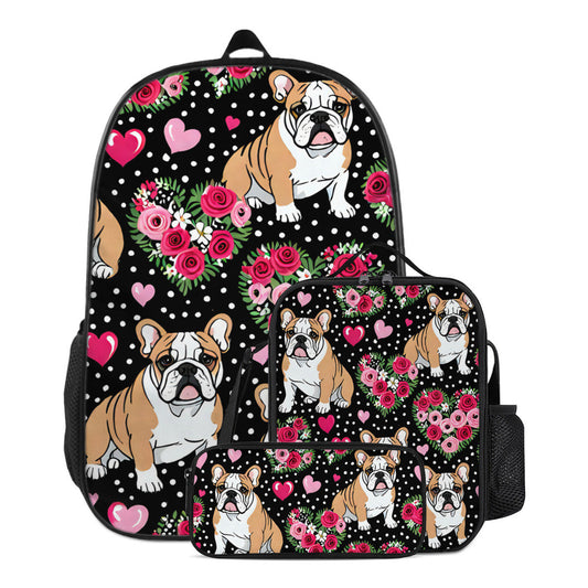 Bulldog backpack, bulldog lunch bag, bulldog pencil case, school supplies