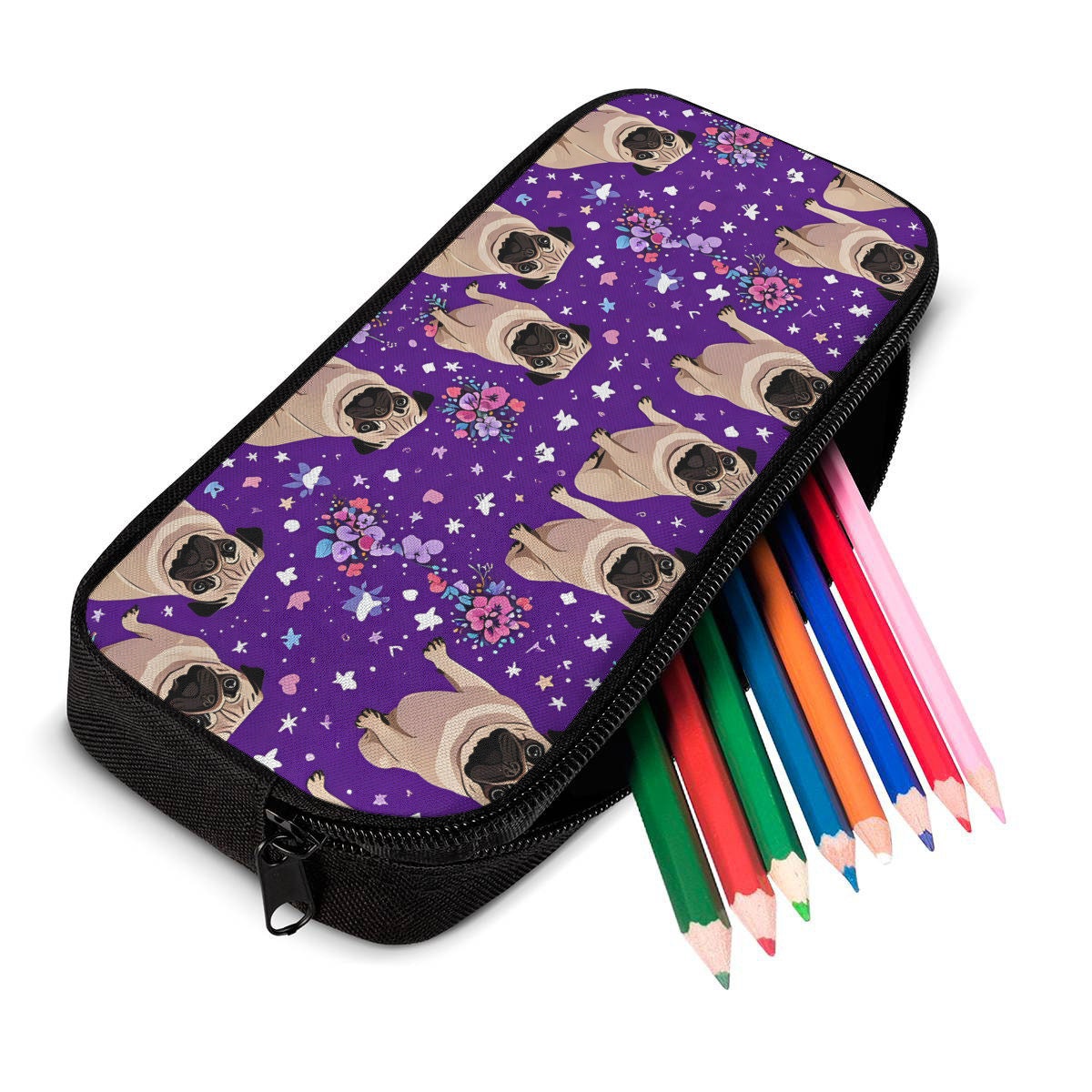 Purple Pug backpack, purple pug lunch bag, purple pug pencil case, school supplies