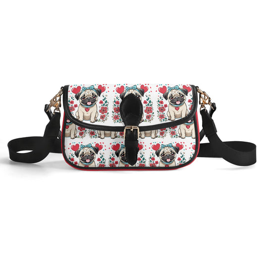 Pug and Hearts Red and White Women's PU Chain Shoulder bags