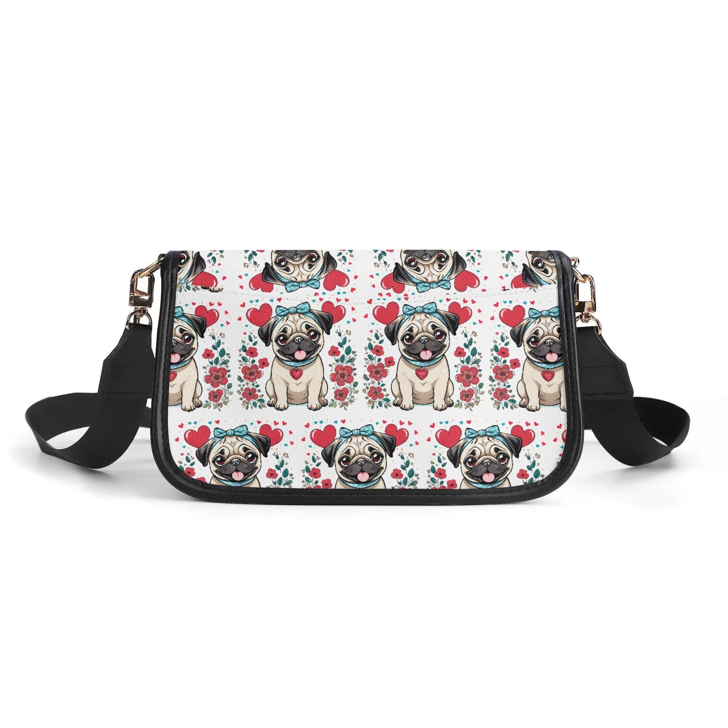 Pug and Hearts Red and White Women's PU Chain Shoulder bags