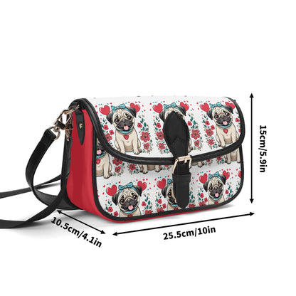 Pug and Hearts Red and White Women's PU Chain Shoulder bags