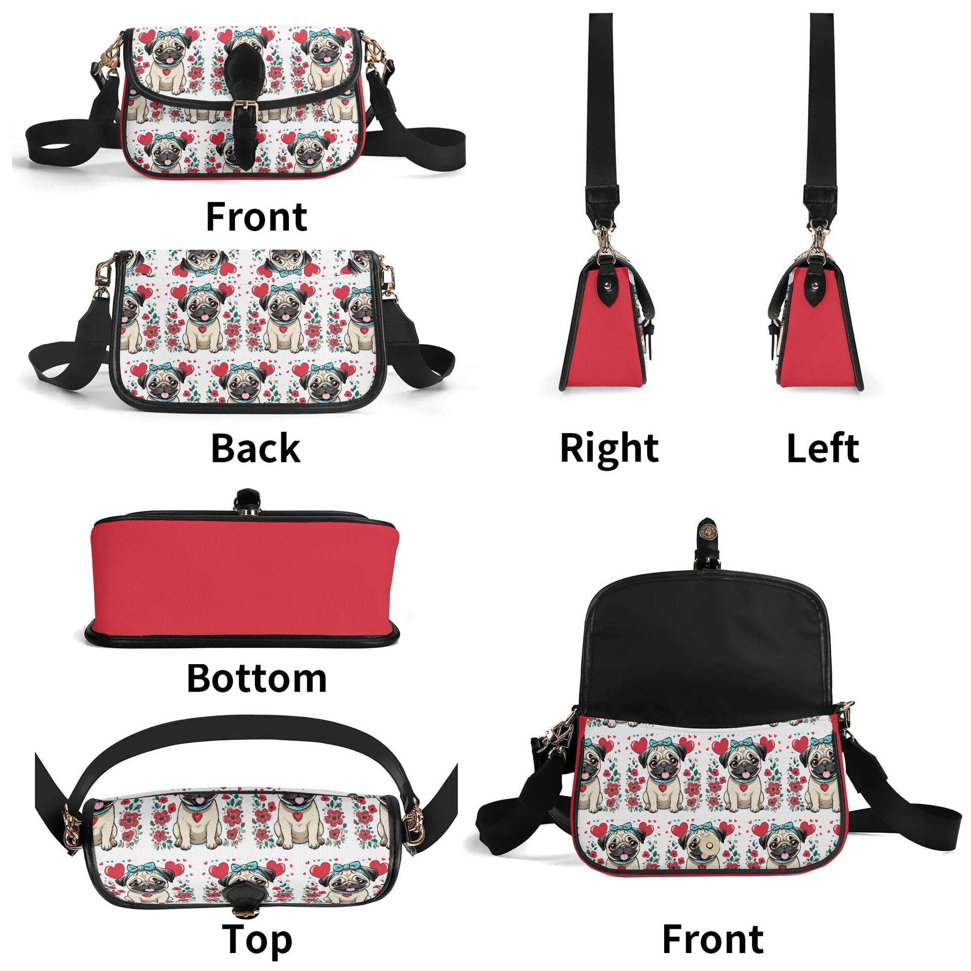 Pug and Hearts Red and White Women's PU Chain Shoulder bags