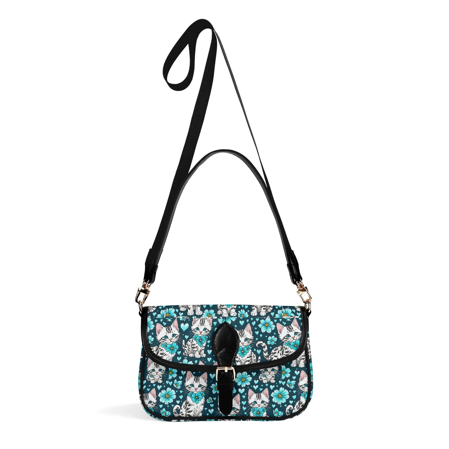 Kittens blue flowers Women's PU Chain Shoulder bags