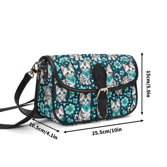 Kittens blue flowers Women's PU Chain Shoulder bags