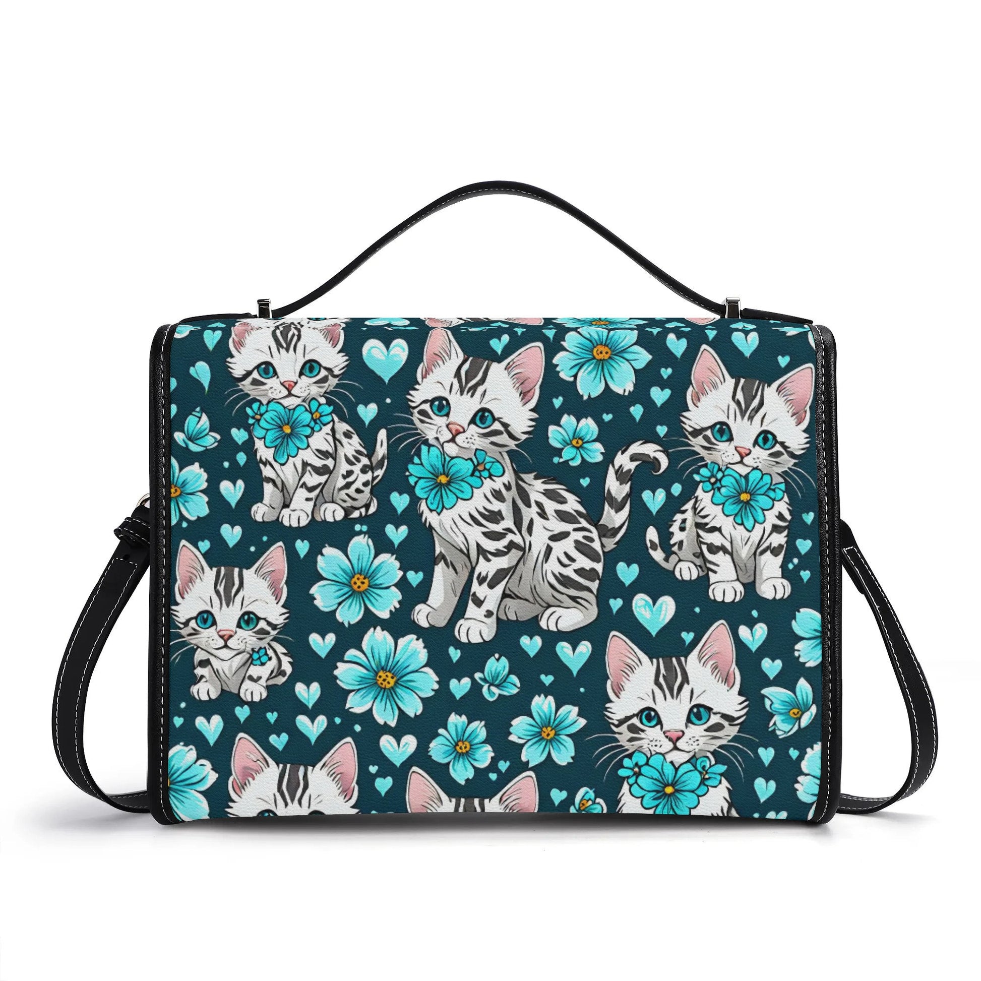 Kitten and Blue Flowers Leather Satchel Bag