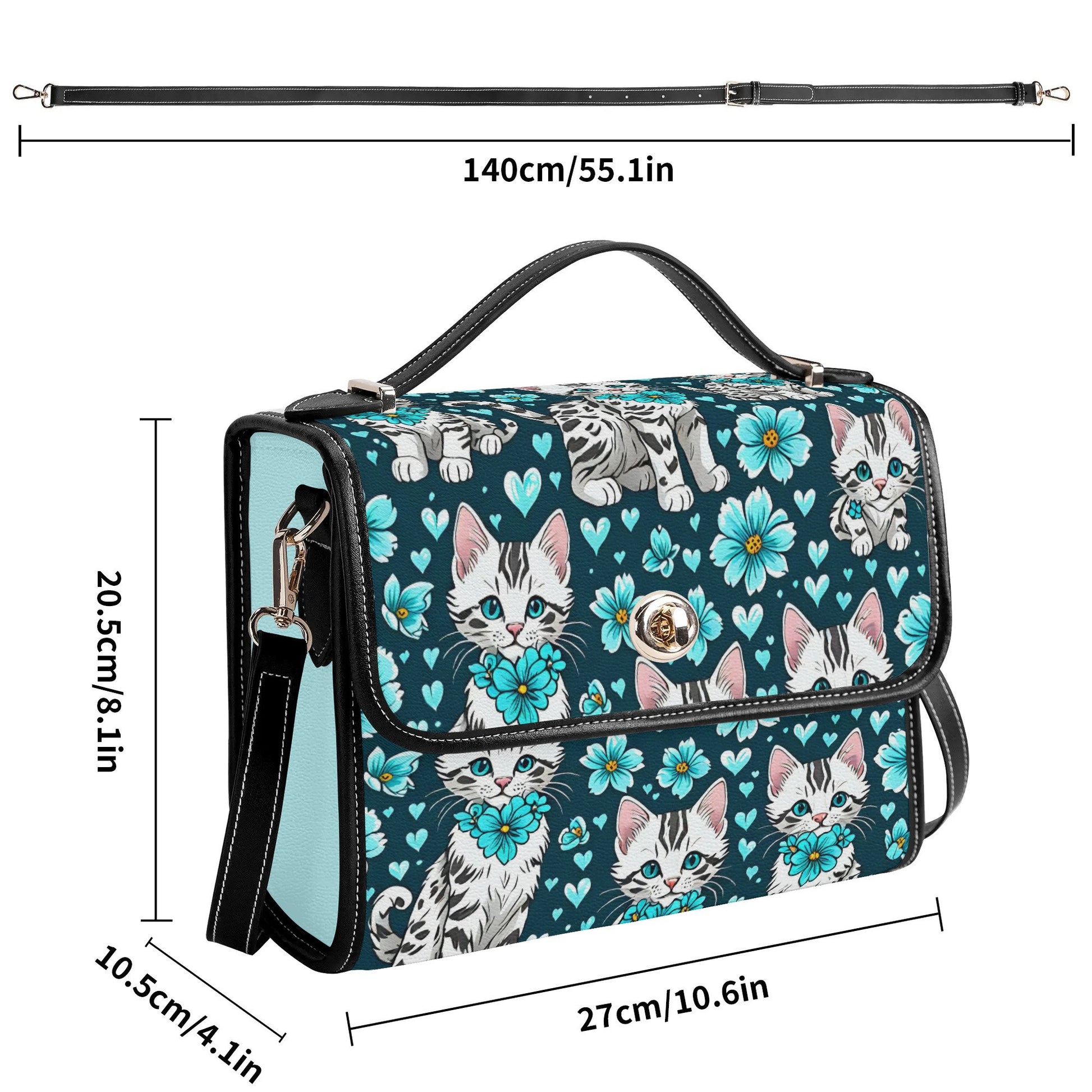 Kitten and Blue Flowers Leather Satchel Bag