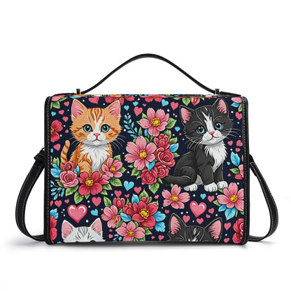 Floral Cat Kitten Leather Satchel Bag