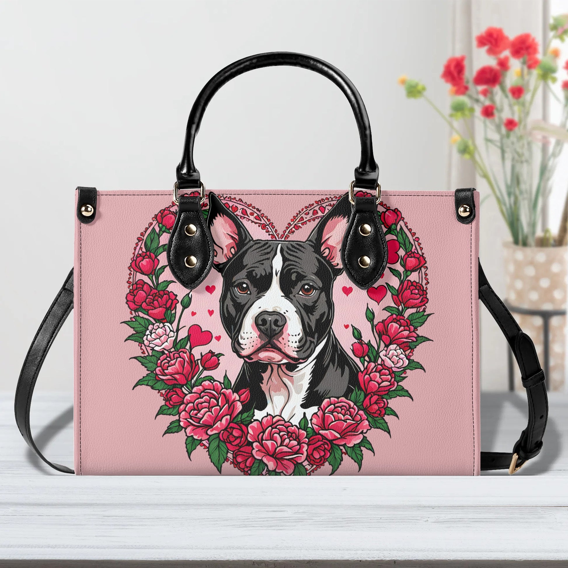 Pitbull Heart Pink Women PU Leather Handbag