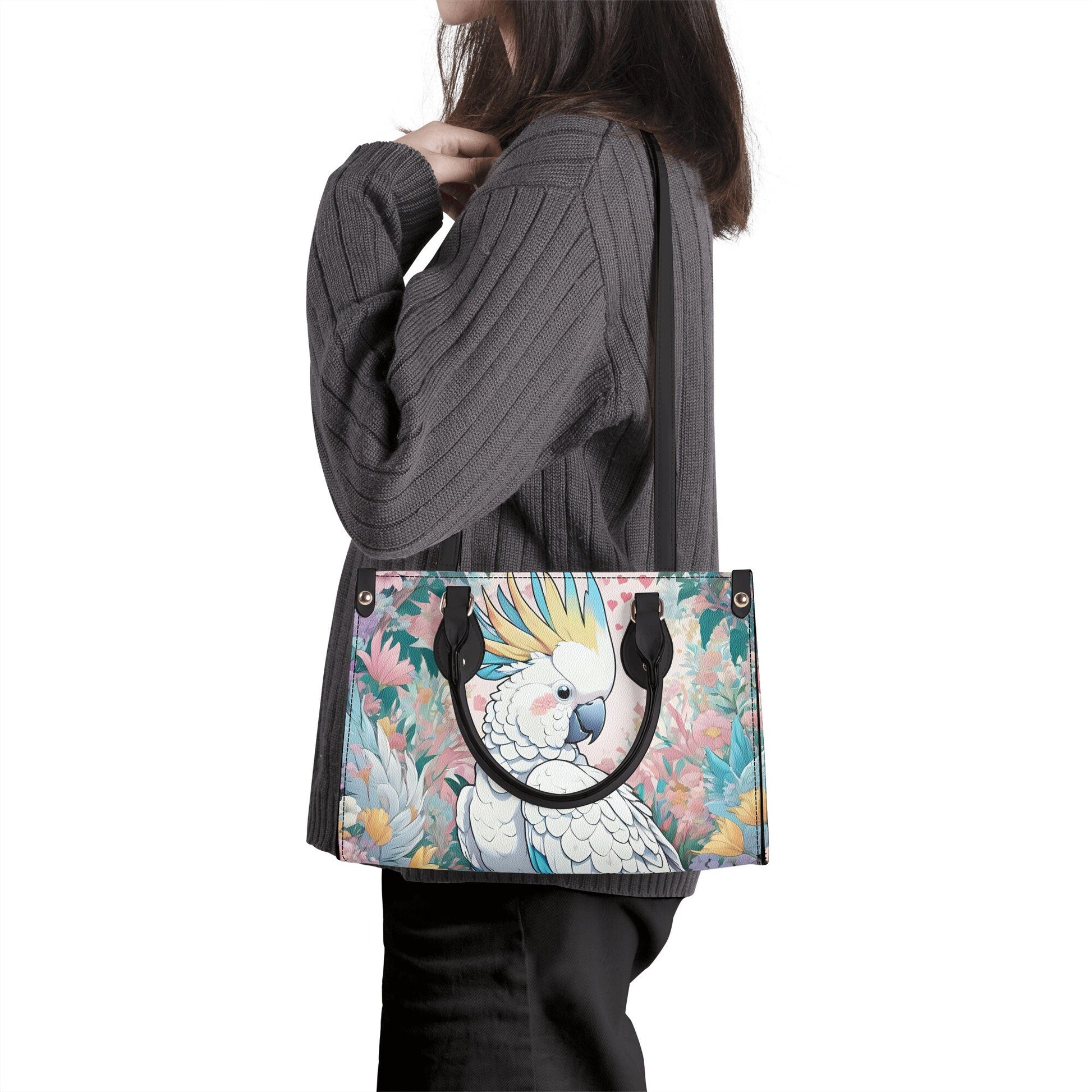 Cockatoo Parrot Comfortable PU Leather Handbag For Her,Durable Faux Leather Cross-body For Girls,Functional Tote Bag Office