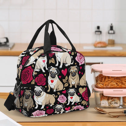 Pug lunch bag dog Portable Polyester Lunch Bag For Women,Stable Placement Snack Bag For Students,Collapsible Food Bag Gym