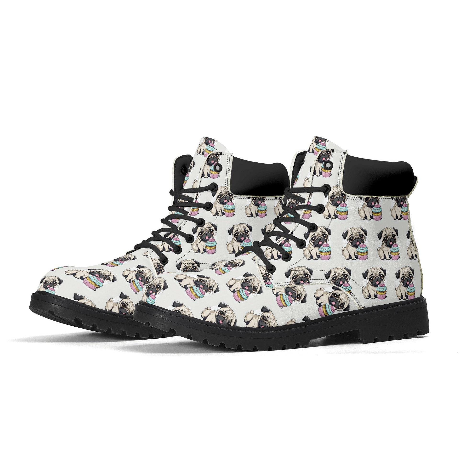 Pug cupcake Women's Black Outsole Leather All Season Boots