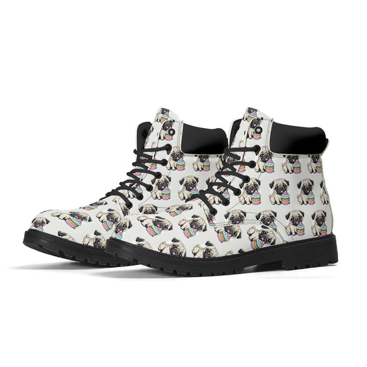 Pug cupcake Women's Black Outsole Leather All Season Boots