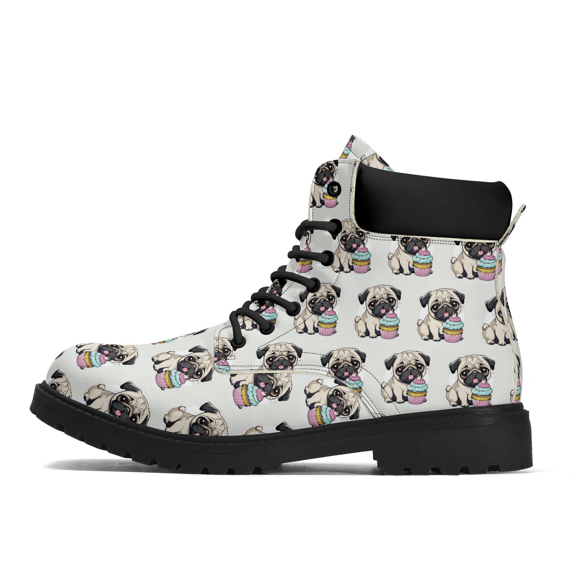 Pug cupcake Women's Black Outsole Leather All Season Boots