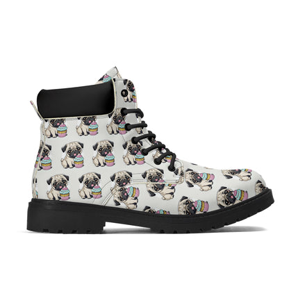 Pug cupcake Women's Black Outsole Leather All Season Boots