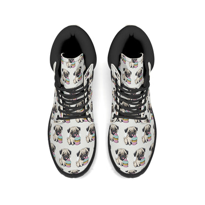 Pug cupcake Women's Black Outsole Leather All Season Boots