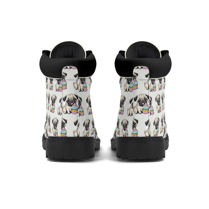 Pug cupcake Women's Black Outsole Leather All Season Boots