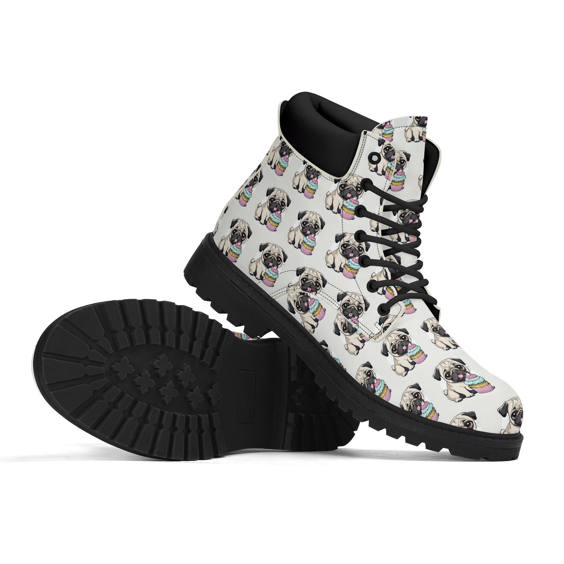 Pug cupcake Women's Black Outsole Leather All Season Boots