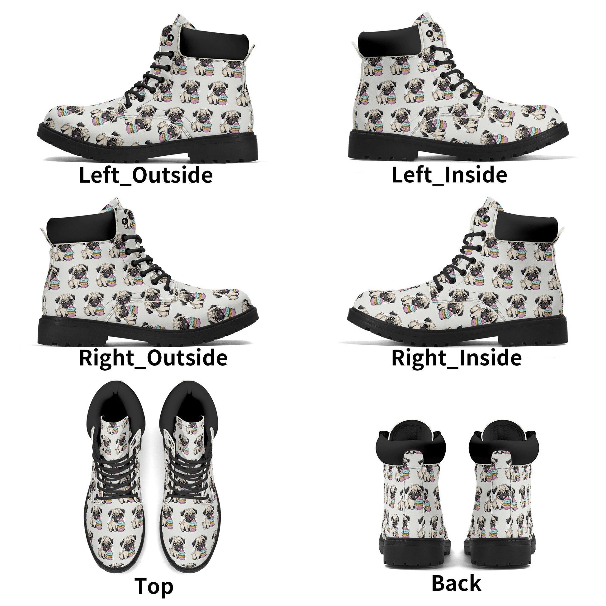 Pug cupcake Women's Black Outsole Leather All Season Boots