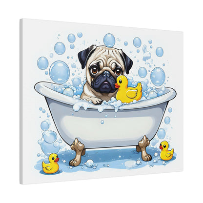 Pug Bathtime Pug bathroom Pug restroom Pug bath Pug Tub Matte Canvas, Stretched, 0.75"