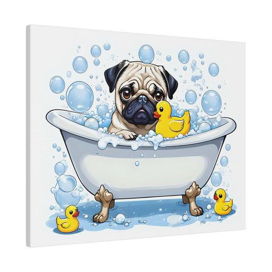 Pug Bathtime Pug bathroom Pug restroom Pug bath Pug Tub Matte Canvas, Stretched, 0.75"