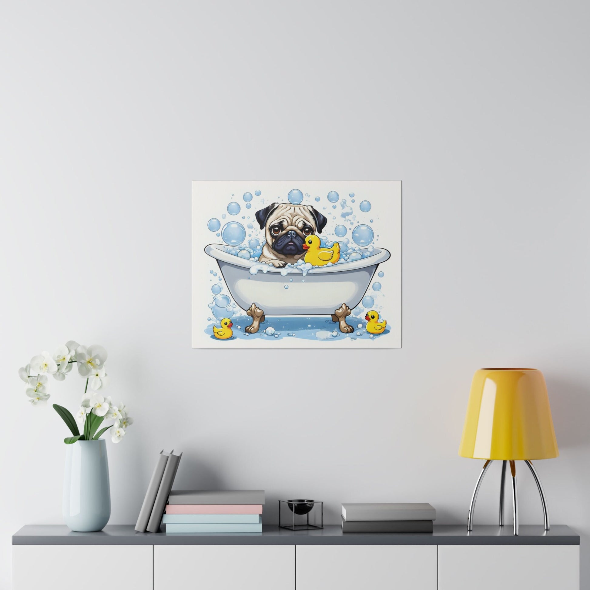 Pug Bathtime Pug bathroom Pug restroom Pug bath Pug Tub Matte Canvas, Stretched, 0.75"