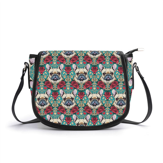 frenchie french bulldog PU Leather Saddle Bag with roses and hearts