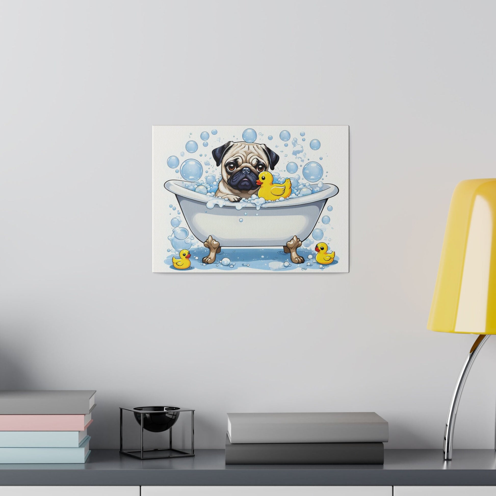 Pug Bathtime Pug bathroom Pug restroom Pug bath Pug Tub Matte Canvas, Stretched, 0.75"